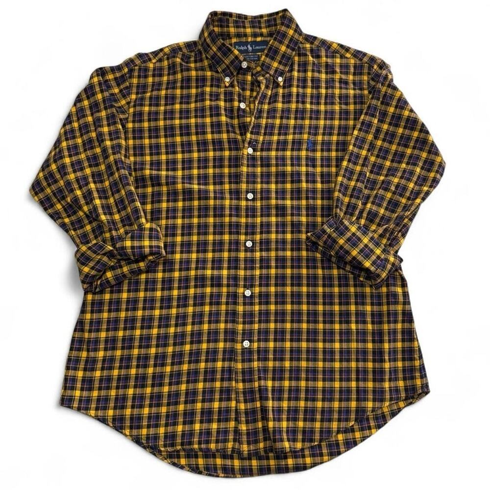 POLO Ralph Lauren Shirt Mens Large Yellow Custom Fit Button Up Plaid